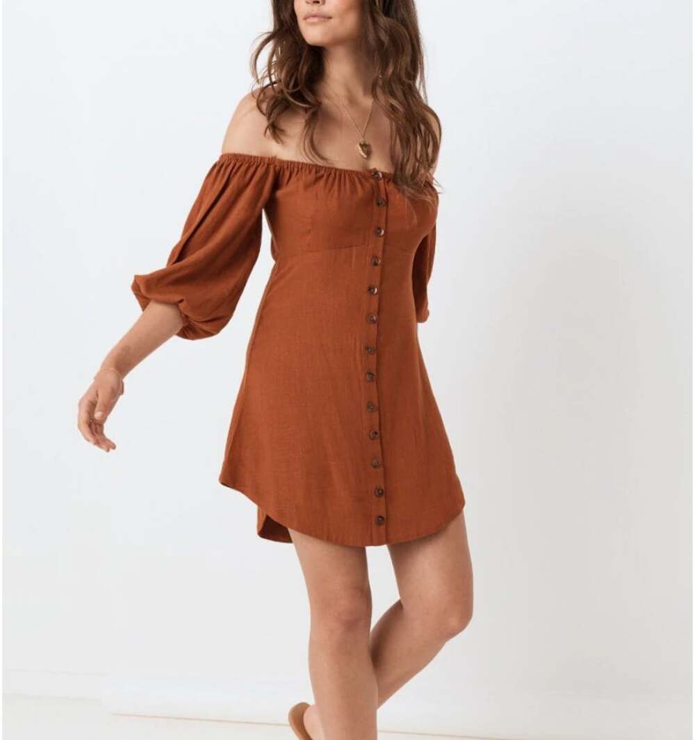 NWT Spell & The Gypsy Collective Rani Mini Dress Copper Linen Off Shoulder XXS